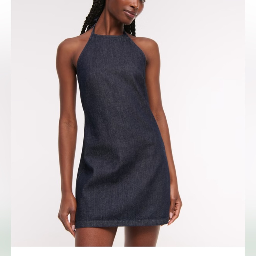 Open-Back Halter Denim Mini Dress
